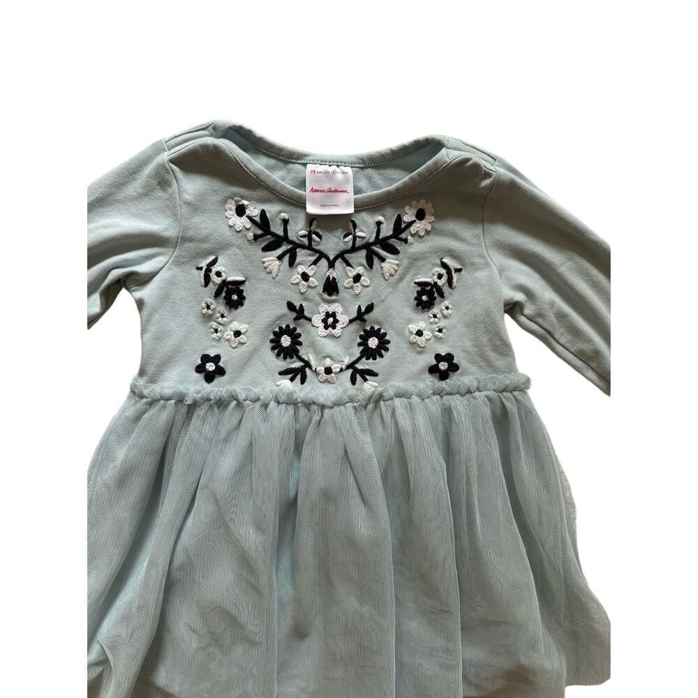 Hanna Andersson Mint Green Dress with Black and White Floral Embroidery